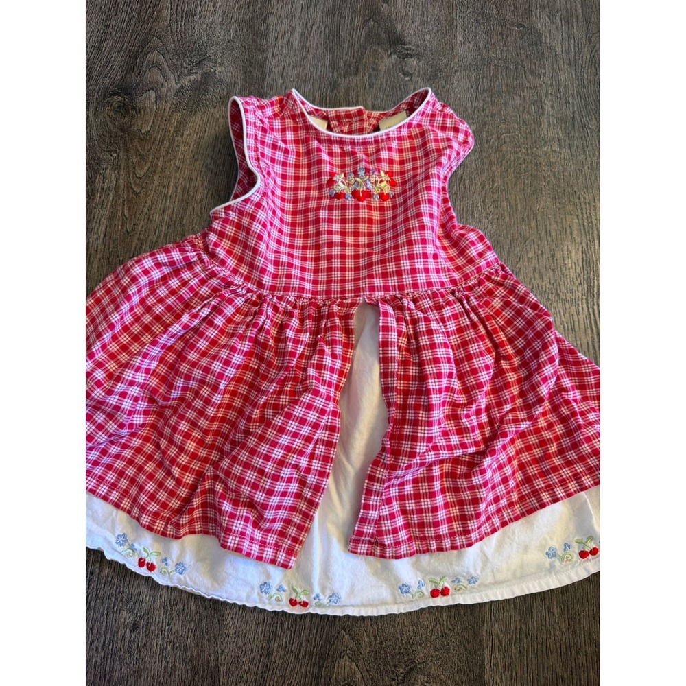 Y2K Parisian Bebe Girls 24M Red Gingham Cherry Embroidered Layered Dress Cotton